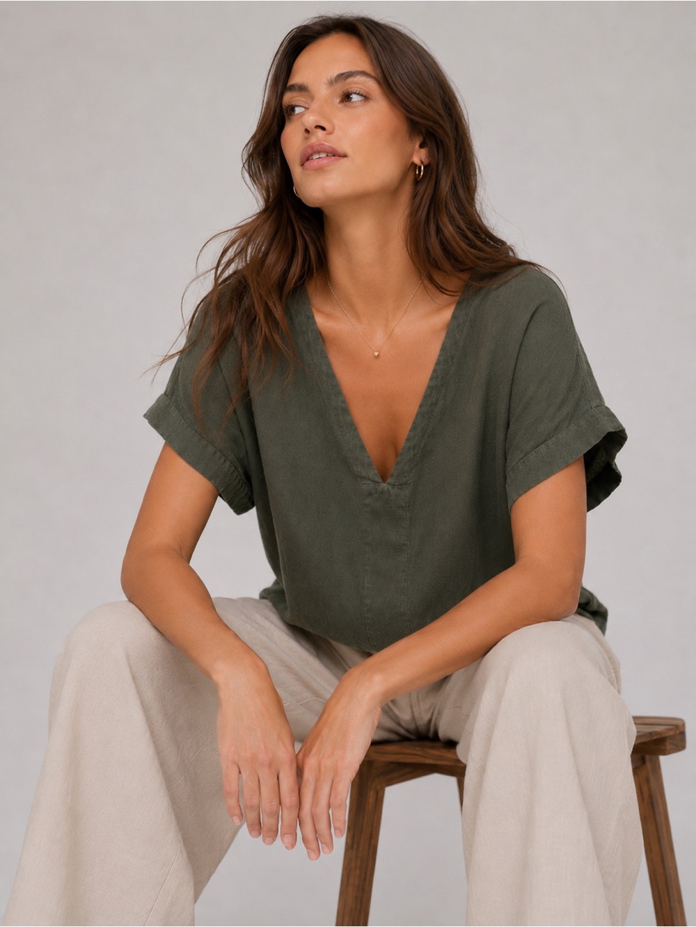 Universal Thread Olive Green V-Neck Boxy Linen Blouse
